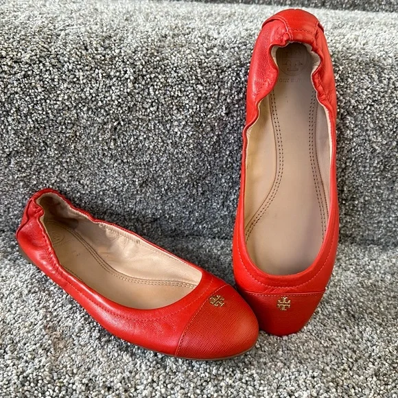 Tory Burch York Orange Leather Ballet Flats 8M - Picture 1 of 11